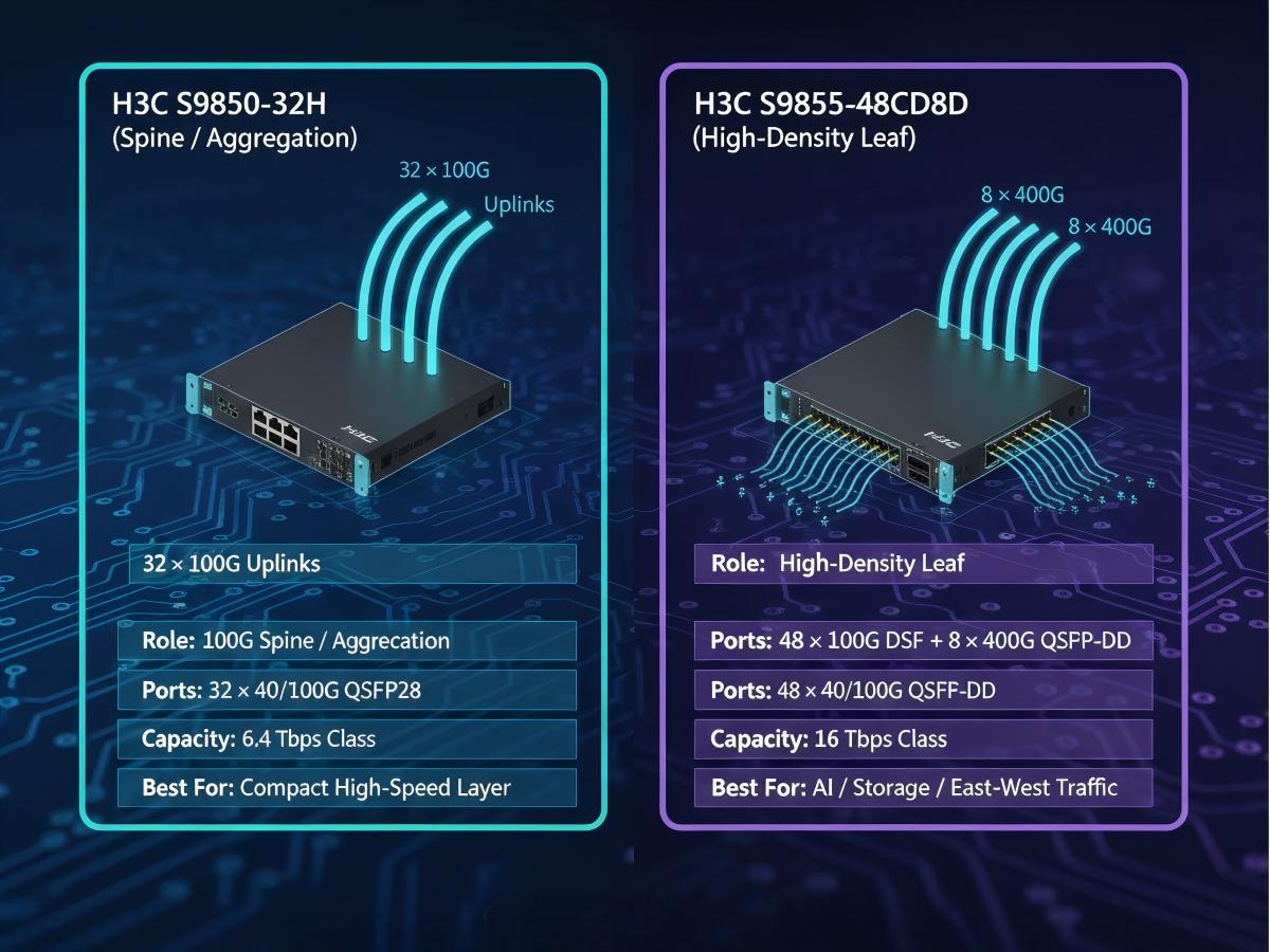 H3C S9850-32H vs S9855-48CD8D: 100G vs 100G+400G Switch Selection –  network-switch.com