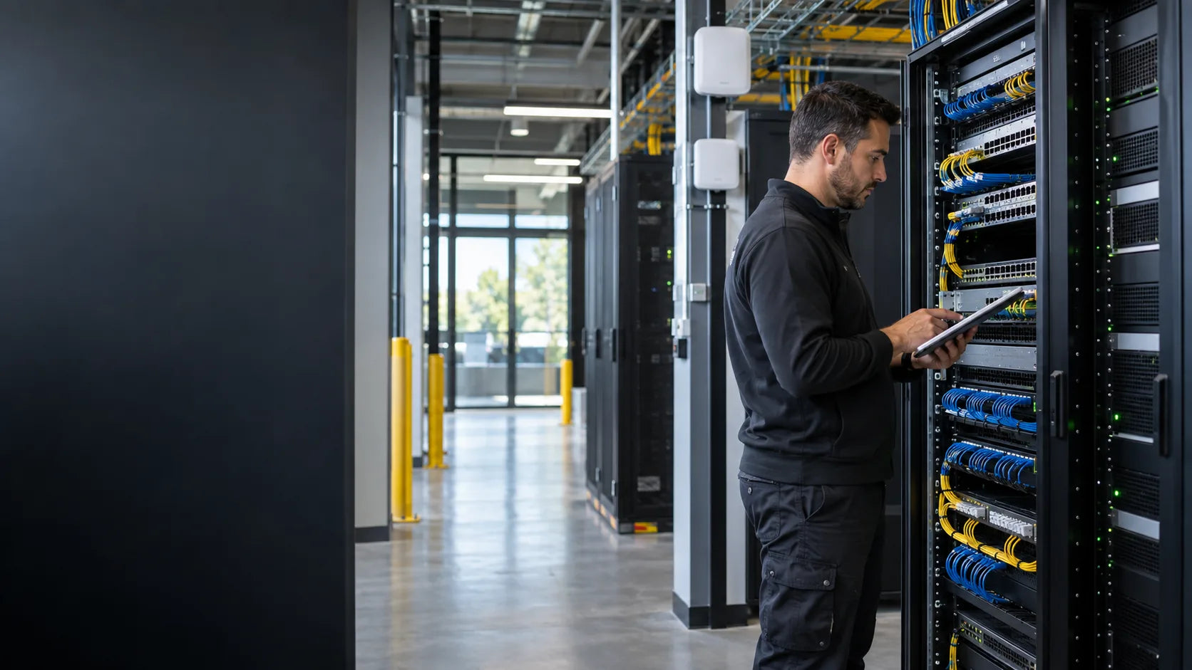 Network engineer reviewing switches and wireless infrastructure in a modern business network