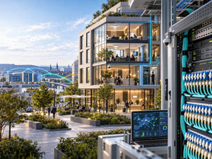 Editorial illustration of Huawei AI-FTTO optical campus networking, Wi-Fi 7 security integration and resilient NG WAN connectivity across a modern European commercial building.