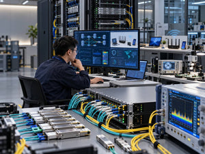 Editorial illustration of Huawei AI Fabric and KV-cache network research, Wi-Fi 7 router testing, and telecommunications security evaluation in a professional networking laboratory.