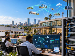 Editorial illustration of Huawei-powered managed SD-WAN connecting enterprise branches, with coherent optical Ethernet, secure 5G campus access and cloud infrastructure.