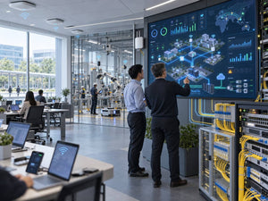 Huawei network engineers monitor Wi-Fi 7, industrial 5G and FTTO all-optical campus infrastructure.