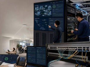 Huawei engineers monitor 10GE optical switching, AI campus networking, secure gateways and AI-powered firewall operations.