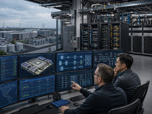 Engineers monitoring AI compute racks, high-bandwidth memory, enterprise flash storage, Ethernet networking, power and cooling systems inside a modern AI data center.