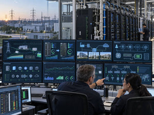 Engineers monitoring AI rack power, distributed enterprise data, CPU and GPU workloads, network fabrics and virtualization inside a modern data center operations environment.