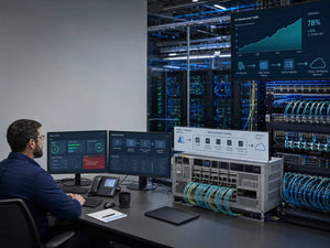 Network engineer monitoring Cisco Crosswork security, Cisco 8000 secure routing and AI data center network infrastructure.