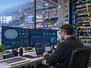 Enterprise network infrastructure showing Cisco security monitoring, wireless network planning and AI-assisted observability for a large indoor venue.