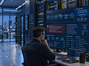 Enterprise network engineer reviewing Cisco Nexus security alerts, IOS XR infrastructure, private cloud fabric and AI-assisted security operations.