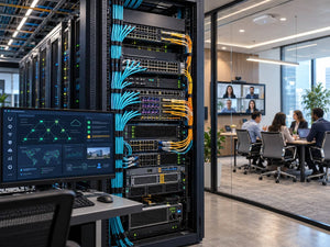 Enterprise network infrastructure connecting Cisco-style switches, secure network management and an intelligent workplace with video collaboration and wireless connectivity.