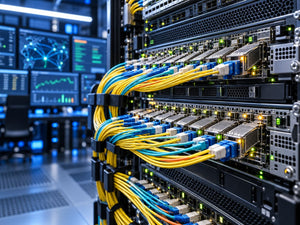 High-density enterprise network switches with optical transceivers and fiber connections inside a modern AI data center.