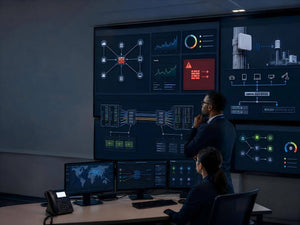 Network engineers monitoring a Cisco firewall alert, outdoor Wi-Fi 7 deployment, and distributed AI data center connections.