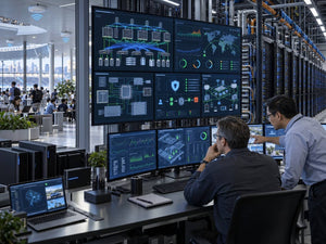 Engineers monitoring AI data center fabrics, enterprise routing and switching, Wi-Fi 7, local AI systems and cybersecurity operations in a modern network operations environment.