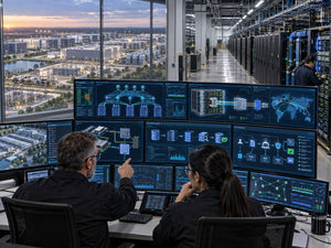 Engineers monitoring gigawatt-scale AI data center infrastructure with high-density GPU racks, optical networking, enterprise data platforms and governed local AI systems.