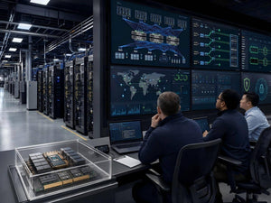 Engineers monitoring high-density AI server racks, 1.6 Tbps Ethernet fabrics, GPU-connected storage and next-generation data center infrastructure in a modern network operations center.