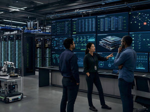 Engineers monitoring AI server clusters, edge computing systems, advanced semiconductor platforms and enterprise network security inside a modern data center.