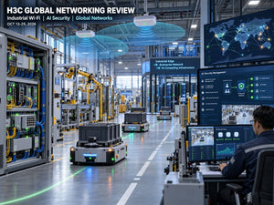 Conceptual H3C networking news cover showing industrial AMR wireless roaming, enterprise access points, industrial Ethernet switches, AI security management and connected industrial infrastructure in October 2026.