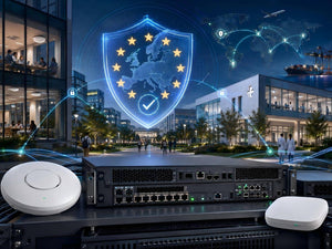 H3C enterprise wireless controller and access points protected by a European cybersecurity shield, representing EUCC-certified secure WLAN infrastructure.
