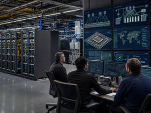 Engineers monitoring high-density AI server racks, advanced power distribution, enterprise flash storage, high-speed Ethernet fabrics and secure local AI infrastructure in a modern data center.