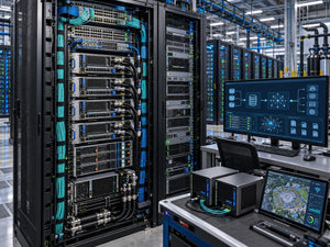 Rack-scale AI infrastructure with high-density Ethernet switches, optical interconnects, GPU compute modules, enterprise servers and secure AI storage systems inside a modern data center.