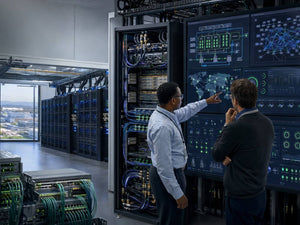 Engineers monitoring rack-scale AI infrastructure with GPU and CPU compute, high-speed Ethernet fabrics, optical networking, liquid cooling and large-scale data center systems.