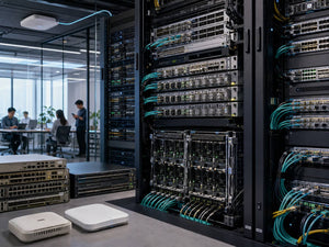 Ruijie networking news cover illustrating 800G data-center switching, AI supernode infrastructure, enterprise Wi-Fi 7 and next-generation network modernization.