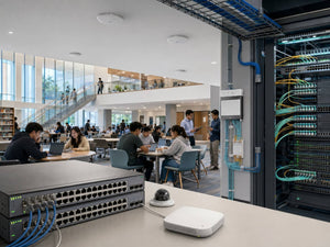 Ruijie networking news cover illustrating a smart-campus Wi-Fi 7 deployment, 2.5G access switching, optical campus infrastructure and high-speed data-center fiber interconnects.