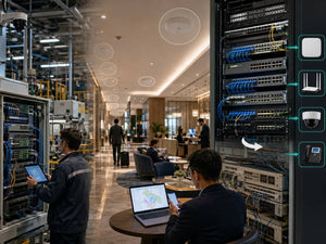 Ruijie networking news cover showing industrial Ethernet infrastructure, a hotel Wi-Fi modernization deployment, PoE access switching and wireless network lifecycle migration.