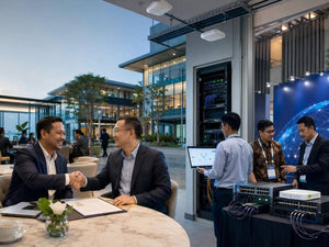 Editorial cover image showing Ruijie-related enterprise networking developments, including an Indonesia partnership scene, a smart-campus network environment with wireless APs and switches, and an ISP interoperability demo at a technology event.