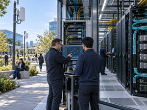 Ruijie networking news cover showing outdoor Wi-Fi 7 infrastructure, 10G wired backhaul, high-density AI data-center switching, advanced optical interconnects and next-generation 400G to 1.6T networking.