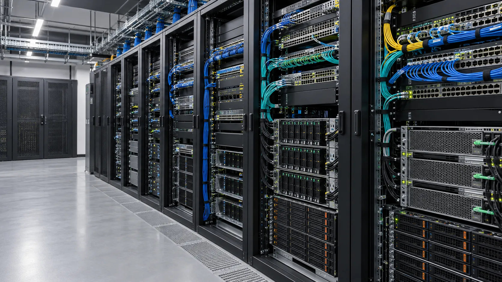 Enterprise server racks with network switches, structured cabling, compute servers and storage